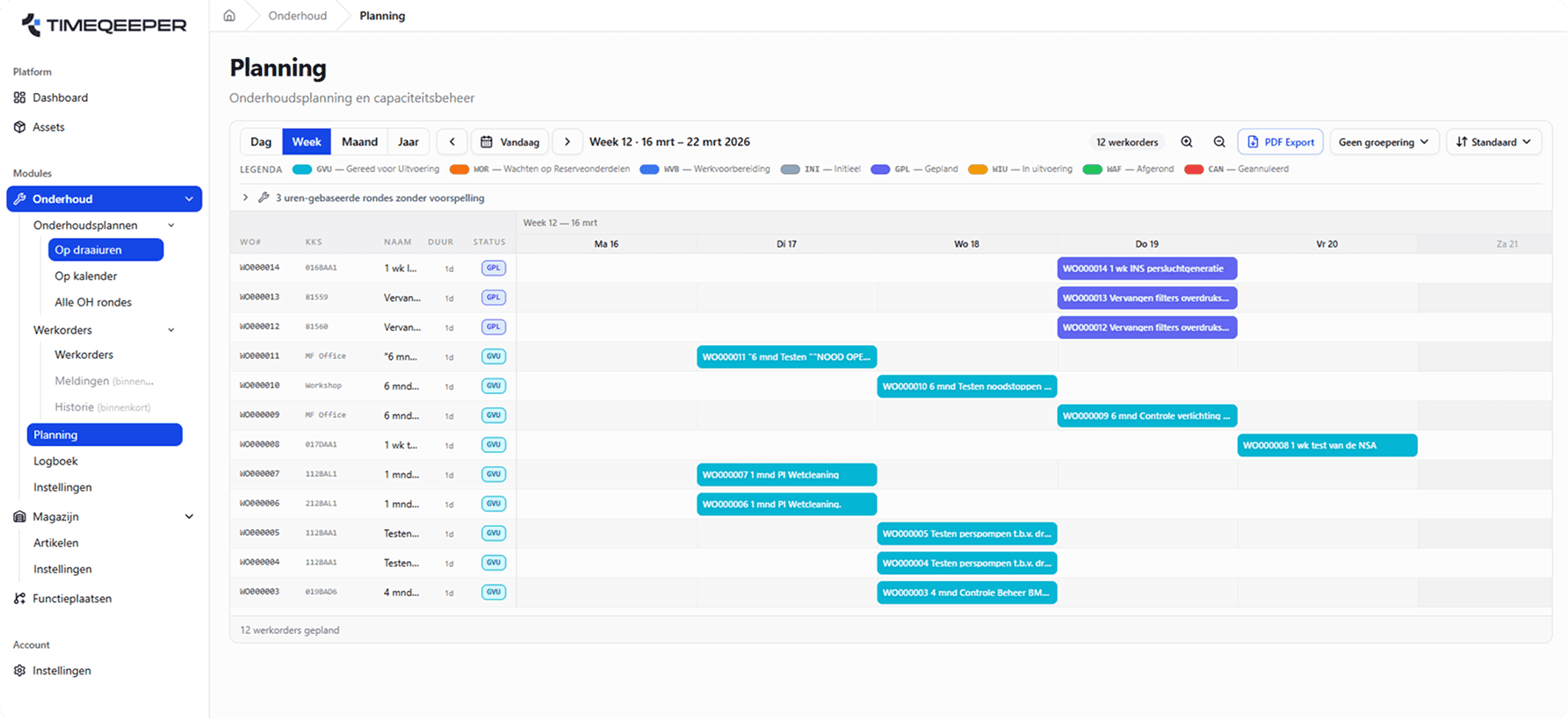 TimeQeeper-planbord: weekweergave met werkorders en statussen