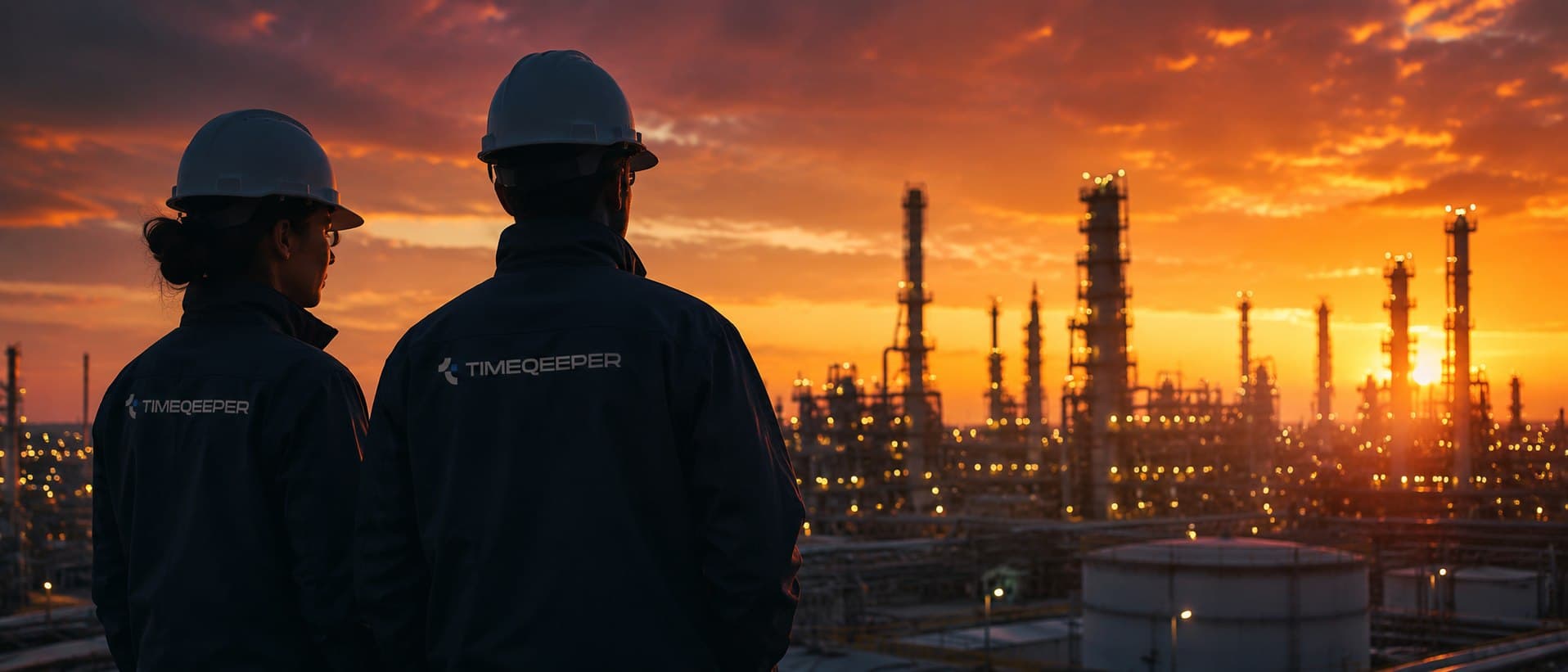 Uitzicht over een industriële installatie bij zonsondergang