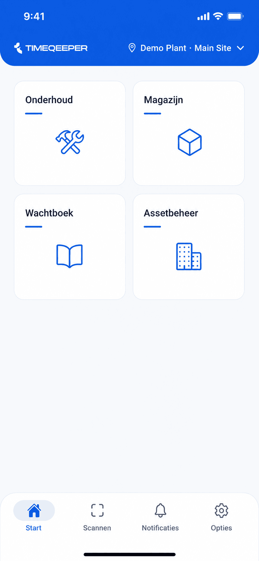 TimeQeeper Pocket home screen with modules including Maintenance, Warehouse, Shiftlog and Asset management