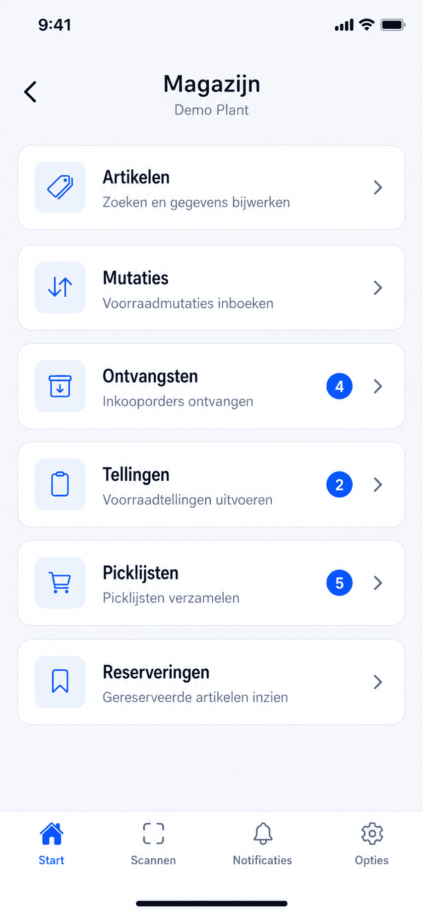 Warehouse menu in TimeQeeper Pocket with articles, movements, receipts, counts, pick lists and reservations