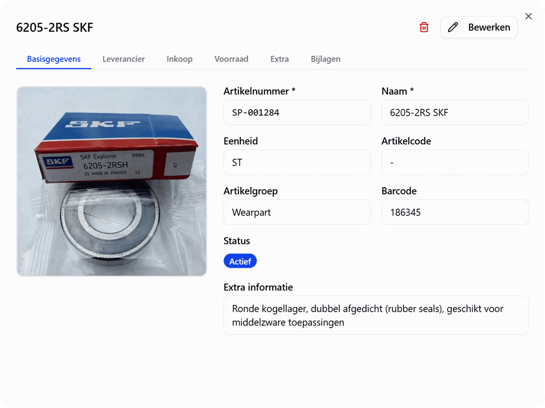 Artikeldetail in TimeQeeper met voorraad, leverancier en bijlagen