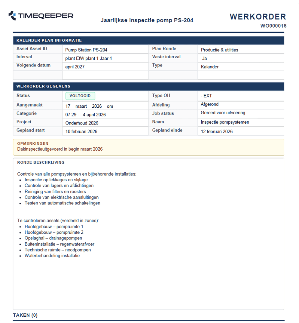 Werkorder als PDF-export met rondebeschrijving en taken